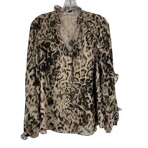 Calvin Klein Animal Print Chiffon Long Sleeve Shirt Size Large Ruffle Tie Neck